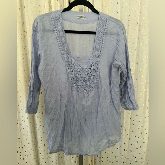 Siganka Maui Hawaii 100% Cotton Periwinkle Embroidered Eyelet Lace Sheer Tunic S - Picture 2 of 7